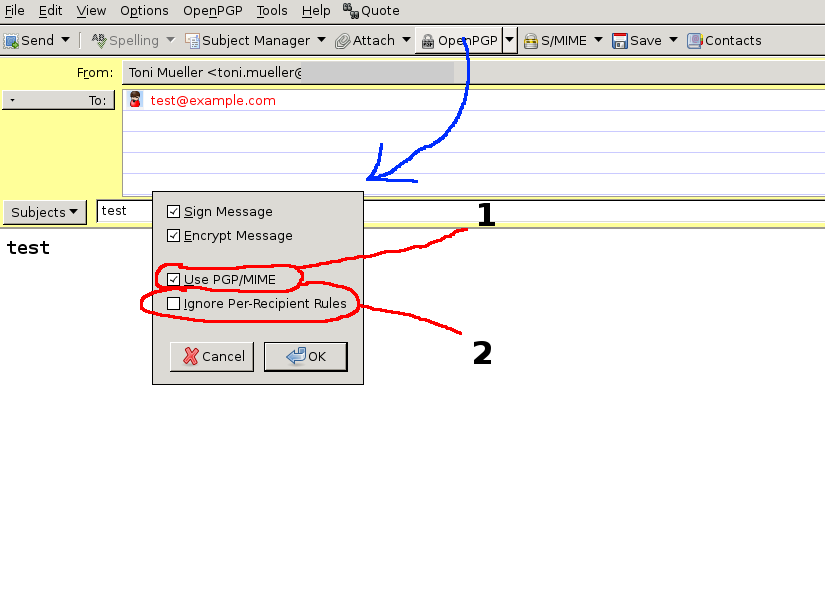 Enigmail: Optionen beim Versenden von Emails